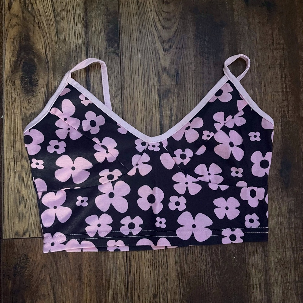 Small Brown and Pink Floral Crop Tank Top